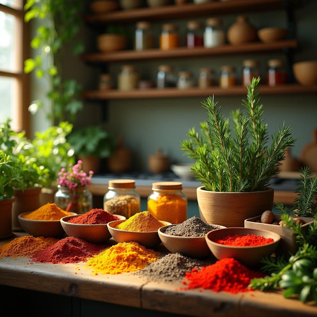 Premium spices in wooden bowls
